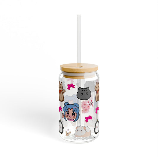 Cute Character Sipper Glass - 16oz with Straw and Wooden Lid | Anime lover