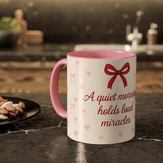 Pink Whispers: Heart & Bow Quote Mug  || Girly Morning Magic Mug – Pink Heart Edition