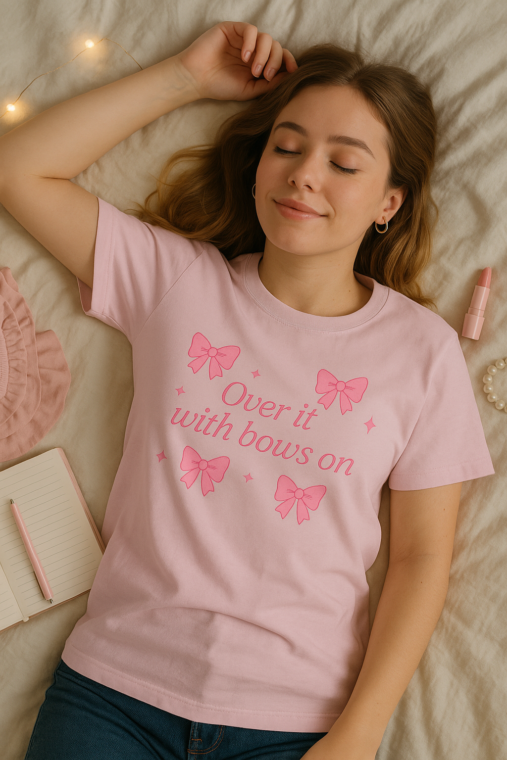 Pink "Over It" Bow T-Shirt | Sassy and Sweet Bow Tee | Playful Pink T-Shirt with Bows |  Stylish "Over It" Slogan Tee
