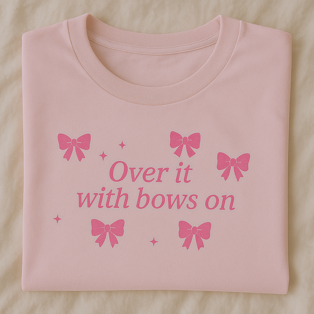 Pink "Over It" Bow T-Shirt | Sassy and Sweet Bow Tee | Playful Pink T-Shirt with Bows |  Stylish "Over It" Slogan Tee